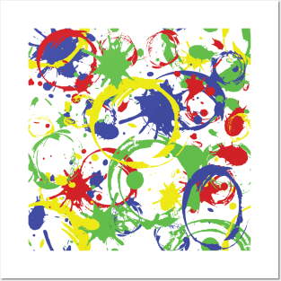 Red, Yellow, Blue and Green Paint Splatter Pattern on White Posters and Art